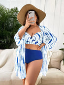 Conjunto De Praia Plus Size Com Kimono Azul E Branco / G