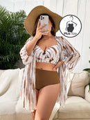 Conjunto De Praia Plus Size Com Kimono Marrom E Branco / G