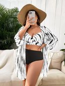 Conjunto De Praia Plus Size Com Kimono Preto E Branco / G