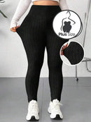 Legging De Malha Elástica Com Cintura Alta Felpuda Plus Size +